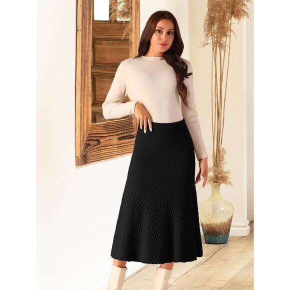 Elastic High Waist Stretchy Sweater Midi Skirt Black - Picture 4 of 5